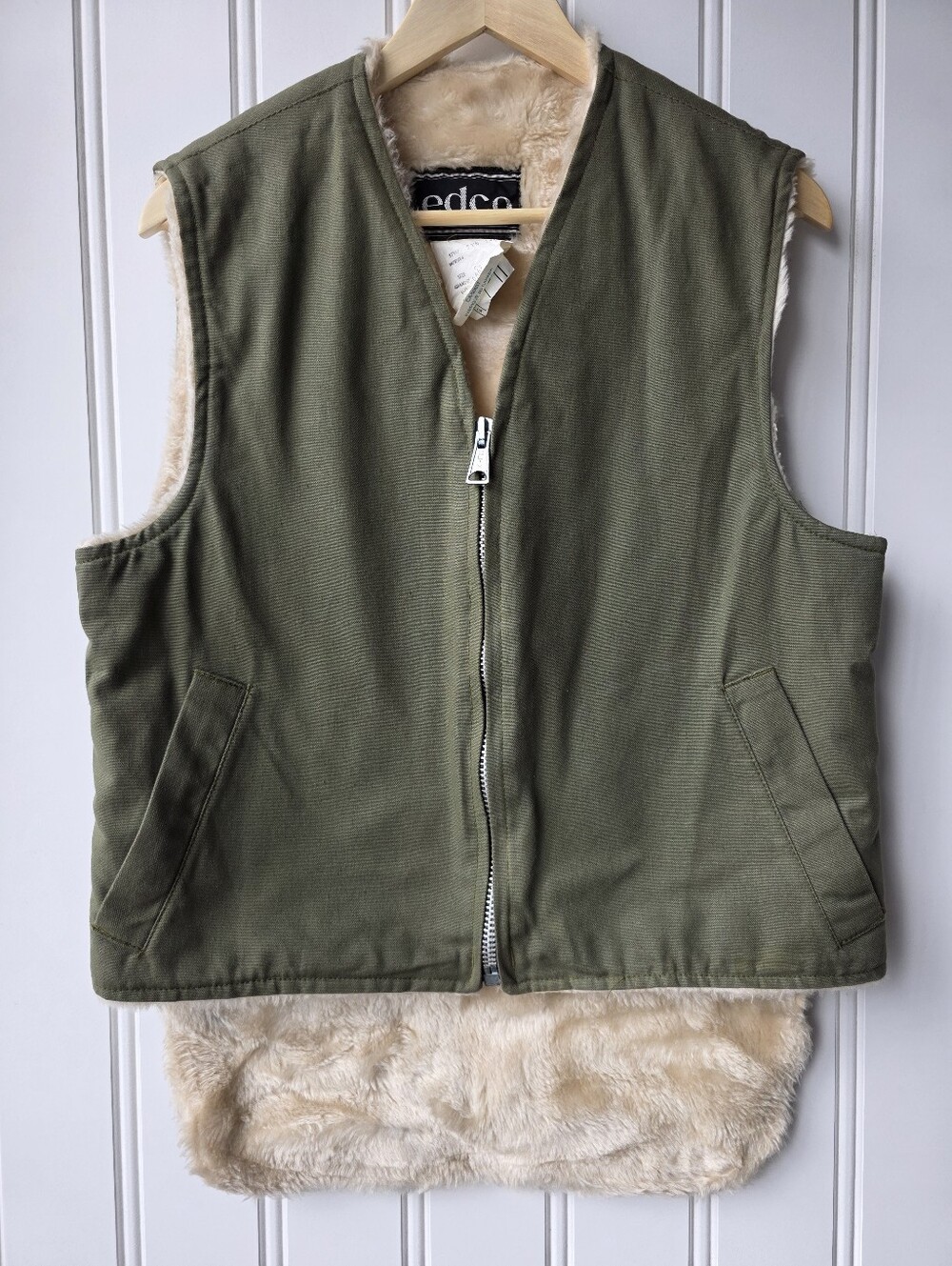 Vintage Edco Sherpa Lined Military Utilty Green Zip Up Vest Mens Small